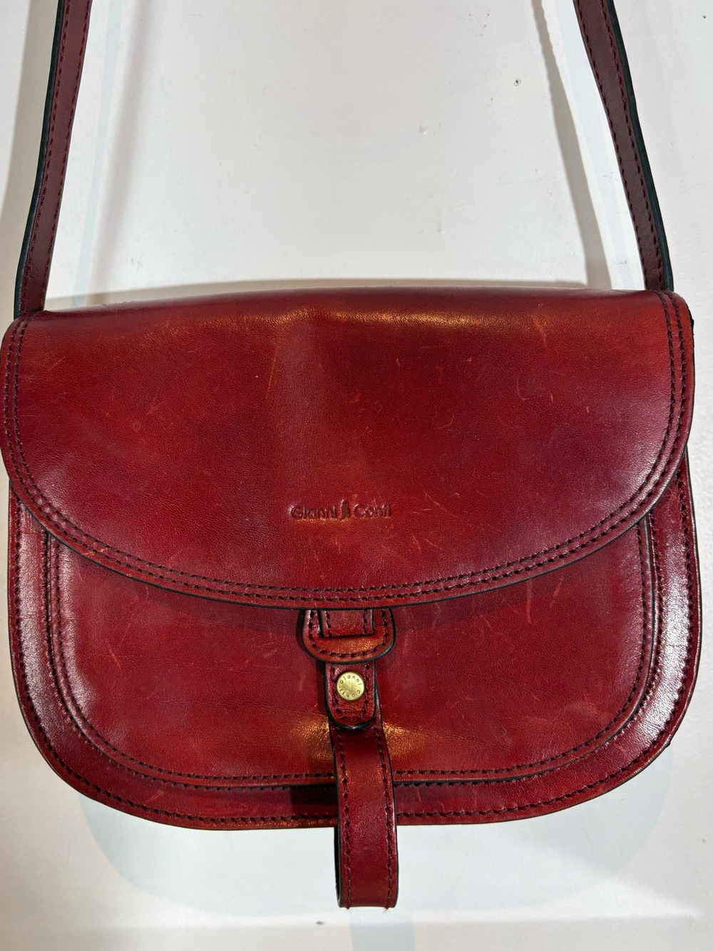 Gianni Conti Burgundy Leather Crossbody Saddle Bag Adjustable Strap Italy